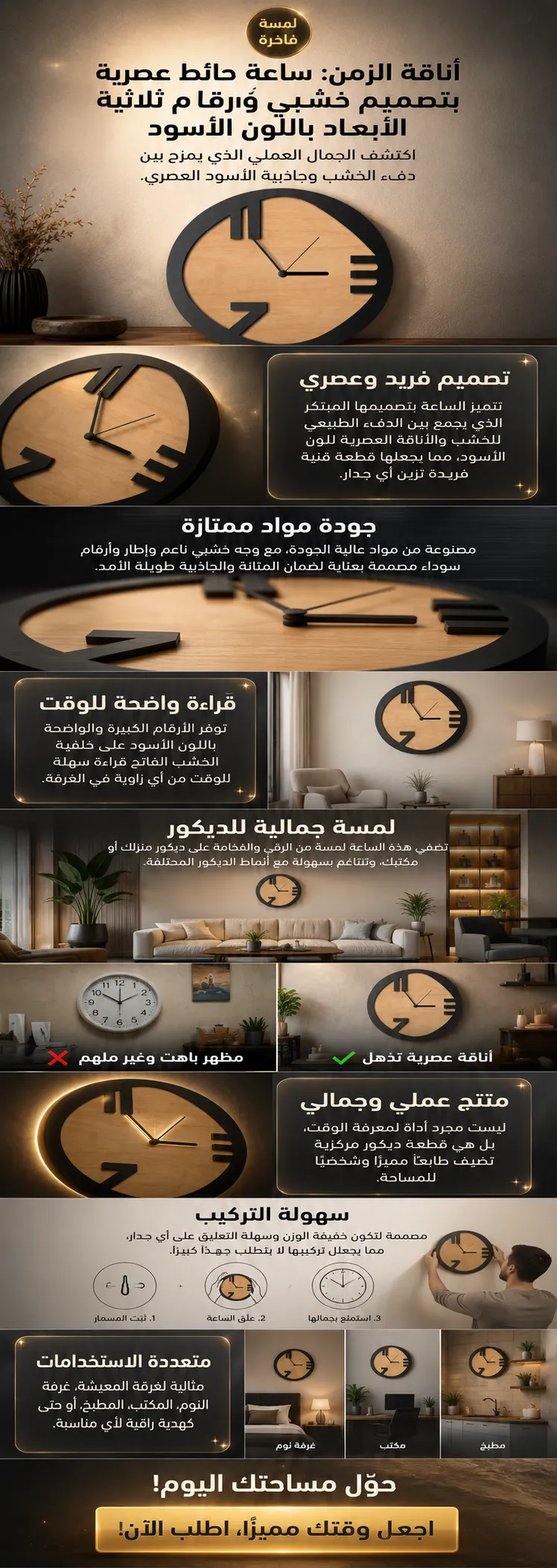 ساعة حائط عصرية بتصميم خشبي وأرقام ثلاثية الأبعاد باللون الأسود