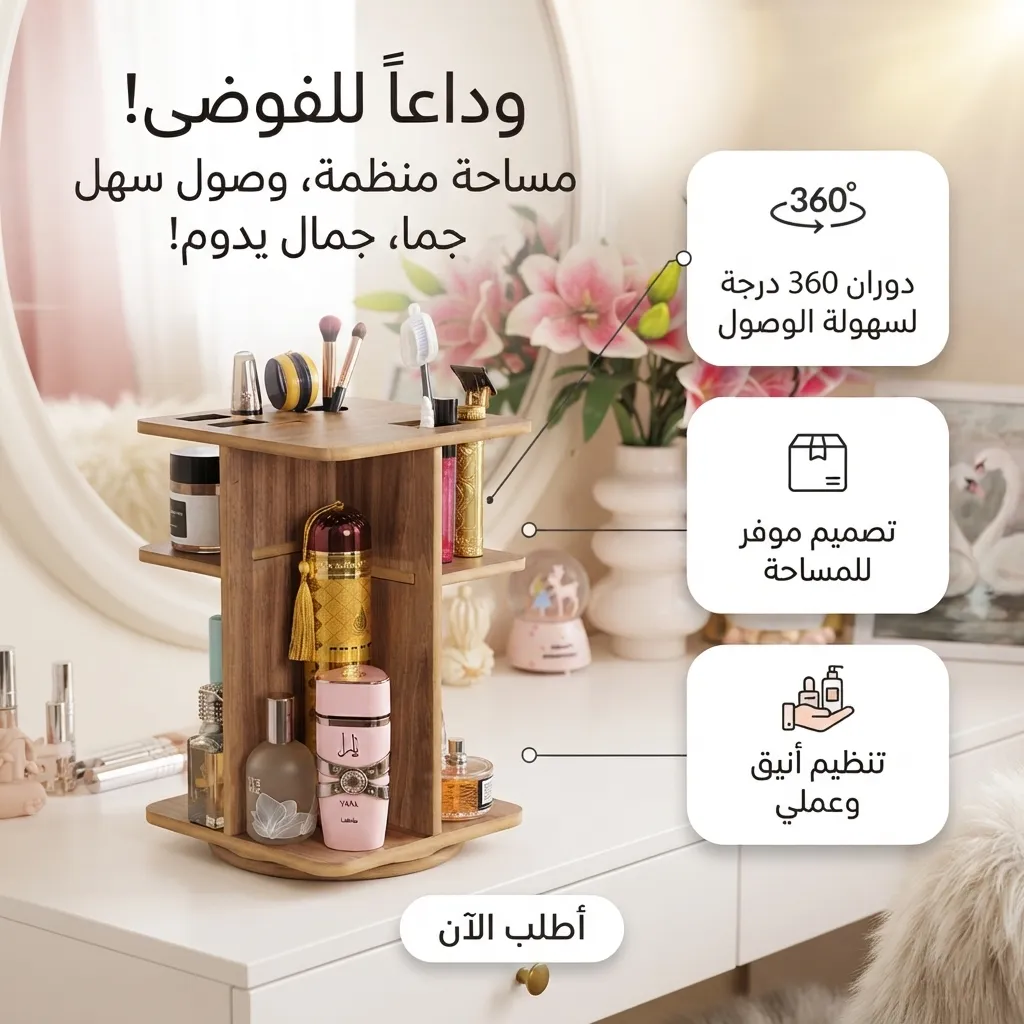 منظم 360° مستحضرات التجميل، العطور، العناية بالبشرة، إكسسوارات الشعر، الأدوات المكتبية، والأدوات الصغيرة